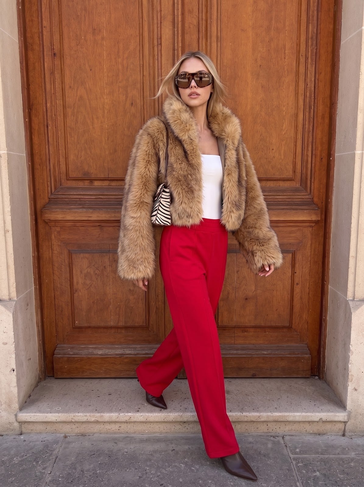 Brown faux fur jacket with red wide-leg pants — Casual Winter Outfits