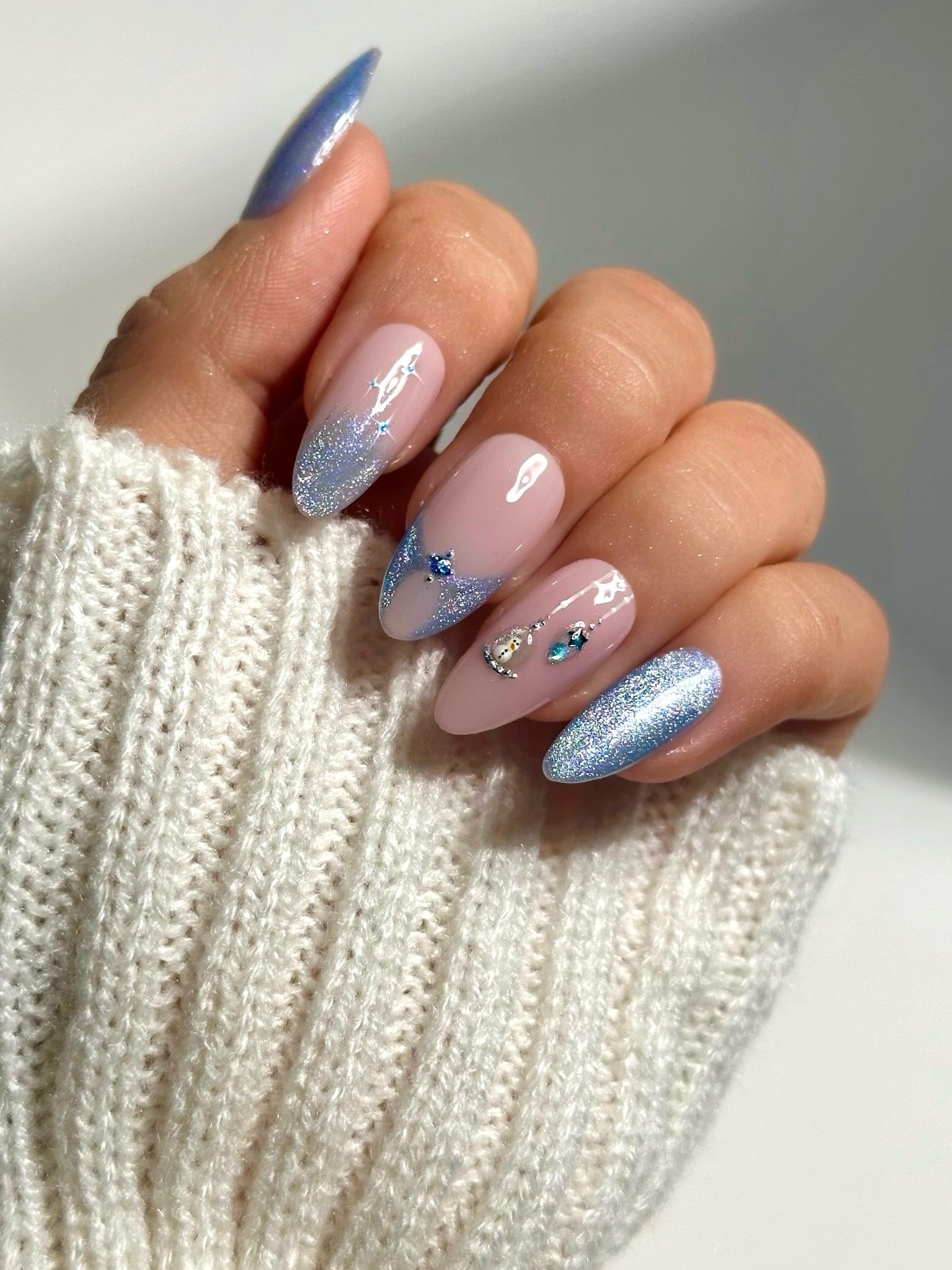 Celestial Snowman Almond Gel Nails