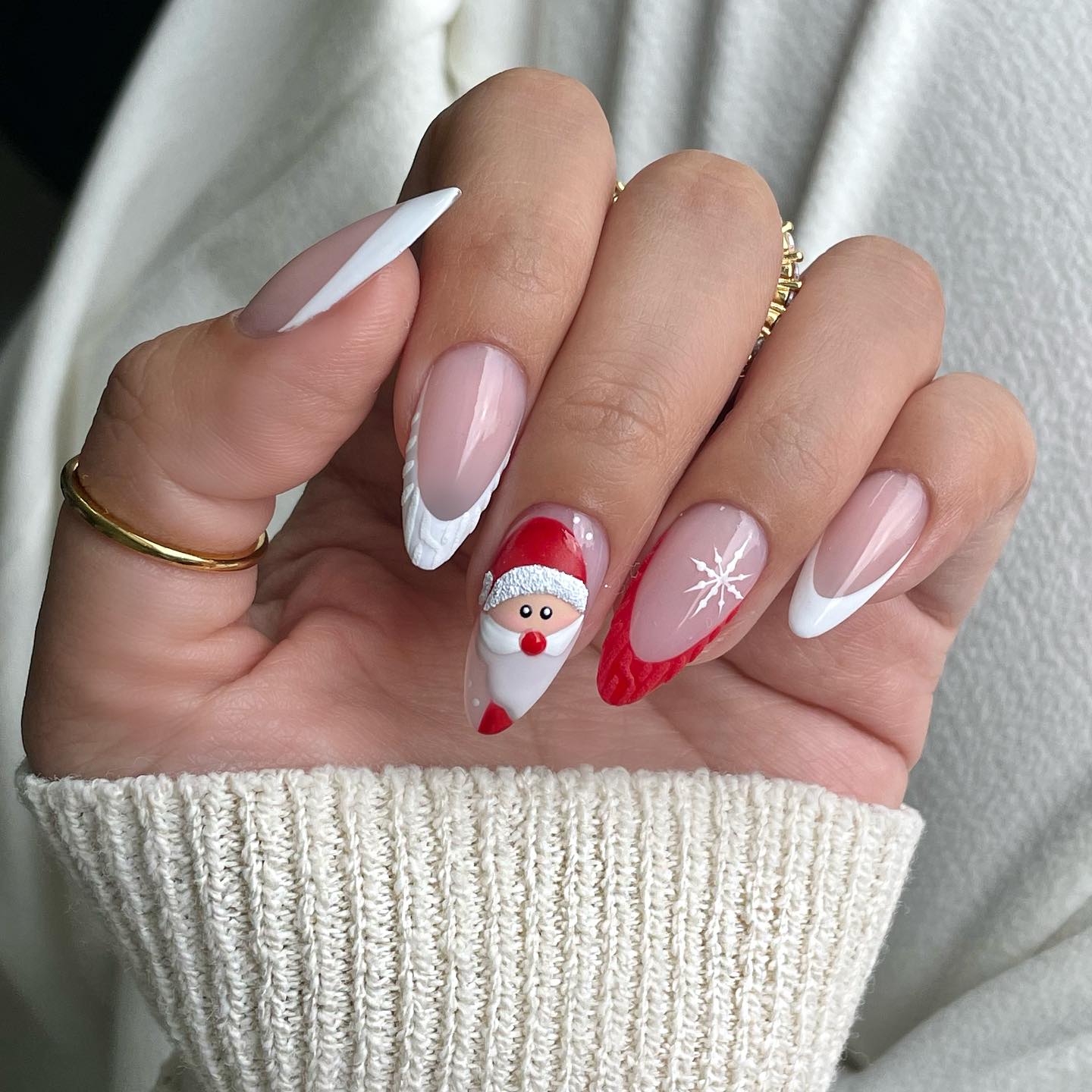 Charming Santa And Snowflake French Almond Nails