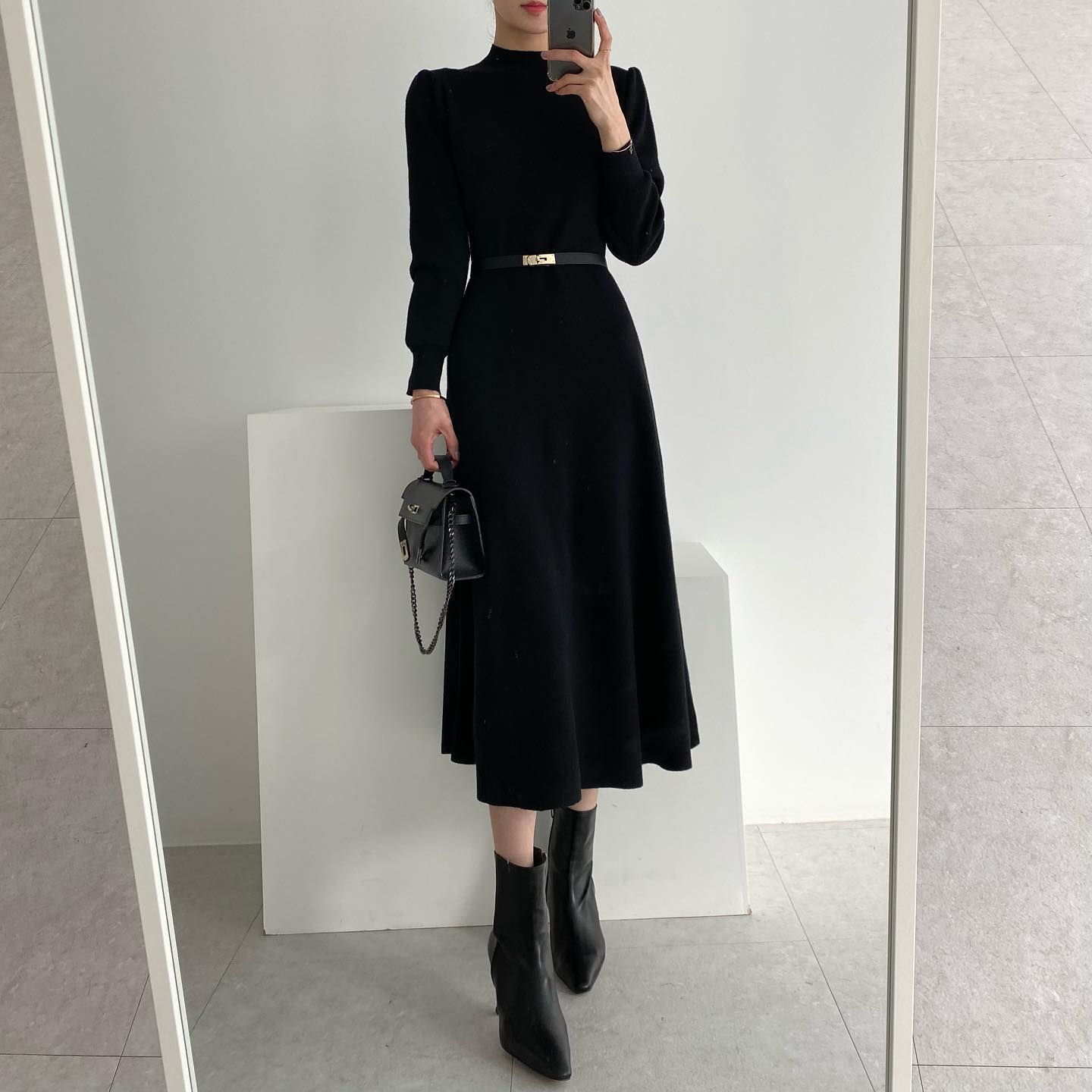 Chic Black Knit Midi Dress And Boot Ensemble