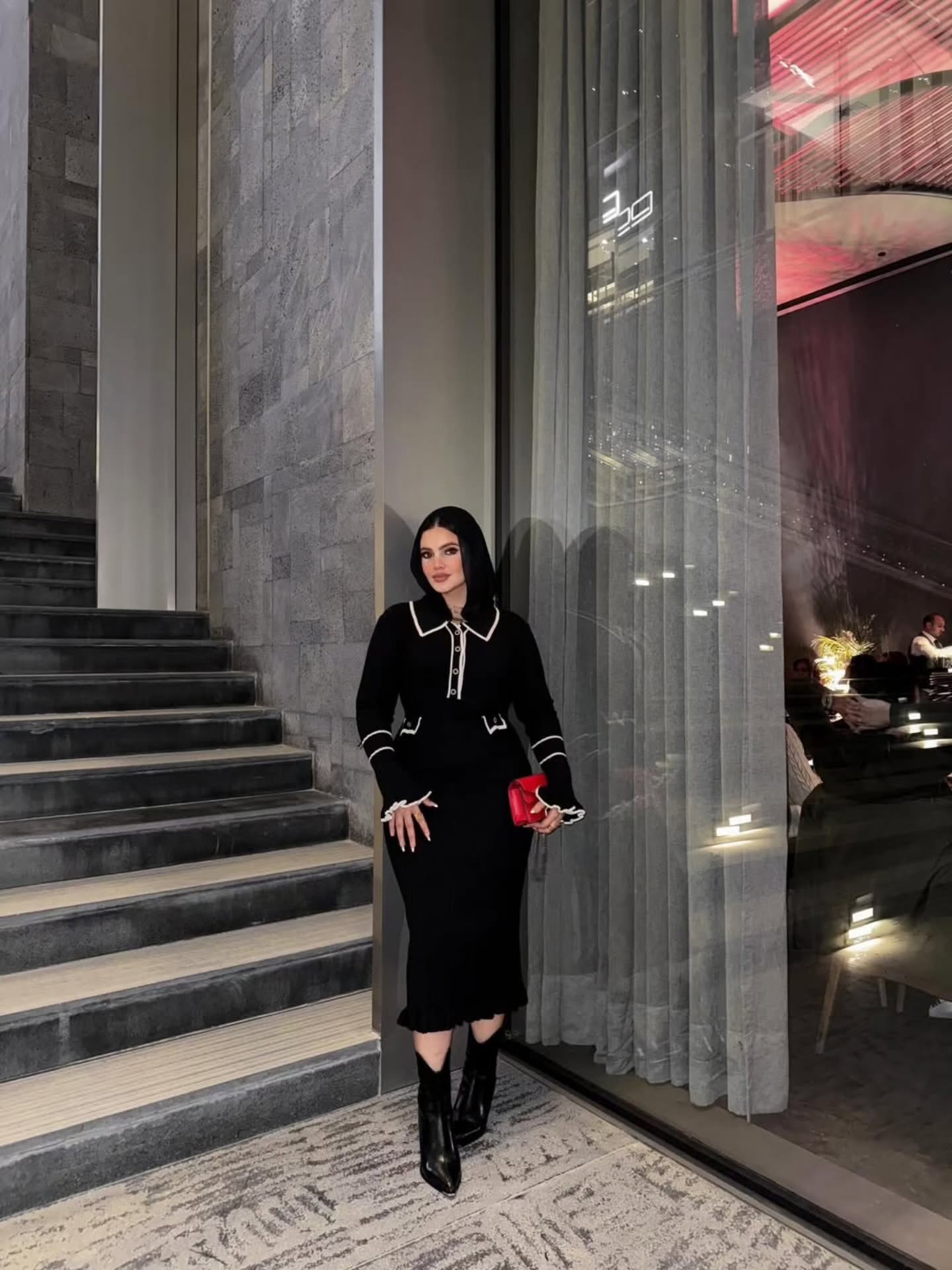 Chic Black Midi Dress With Contrasting Trim