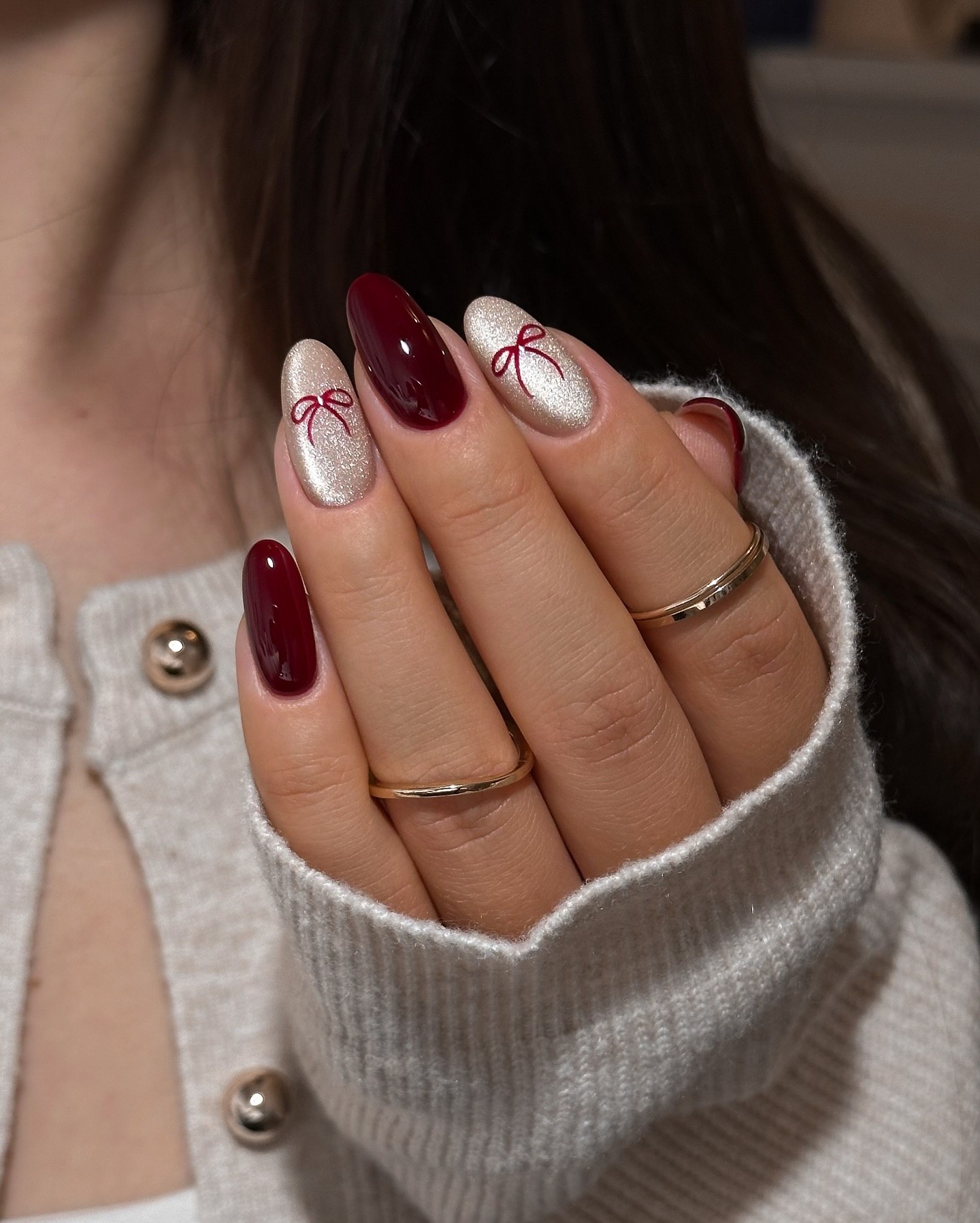 Chic Burgundy and Champagne Bow Almond Nails