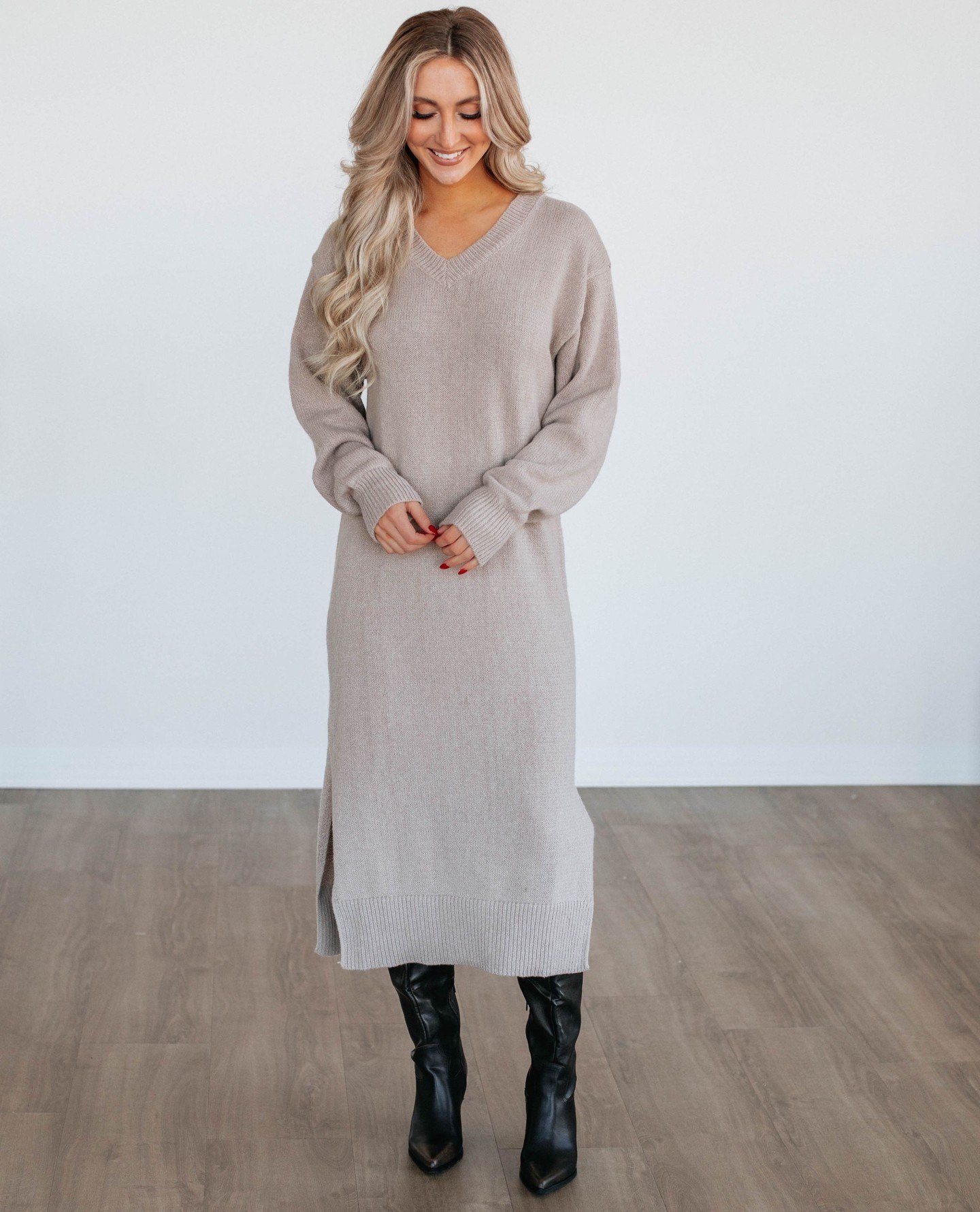Chic Neutral Knit Dress With Black Knee-High Boots