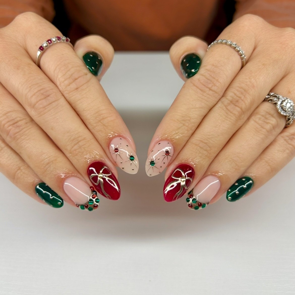 Christmas Bow and Gemstone Accent Almond Nails