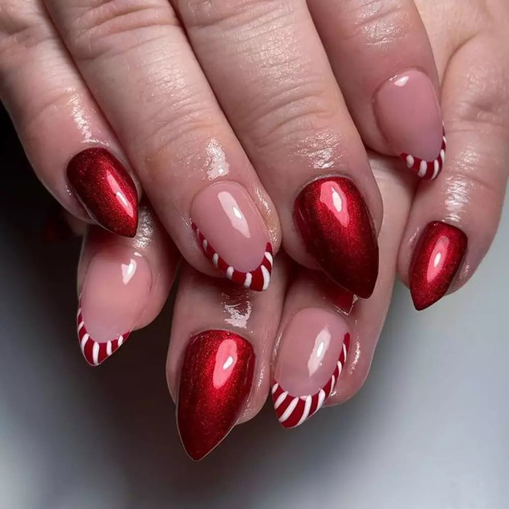 Reindeer Face Candy Cane Long Coffin Nails Reindeer Face Candy Cane Long Coffin Nails — Christmas Dip Nails