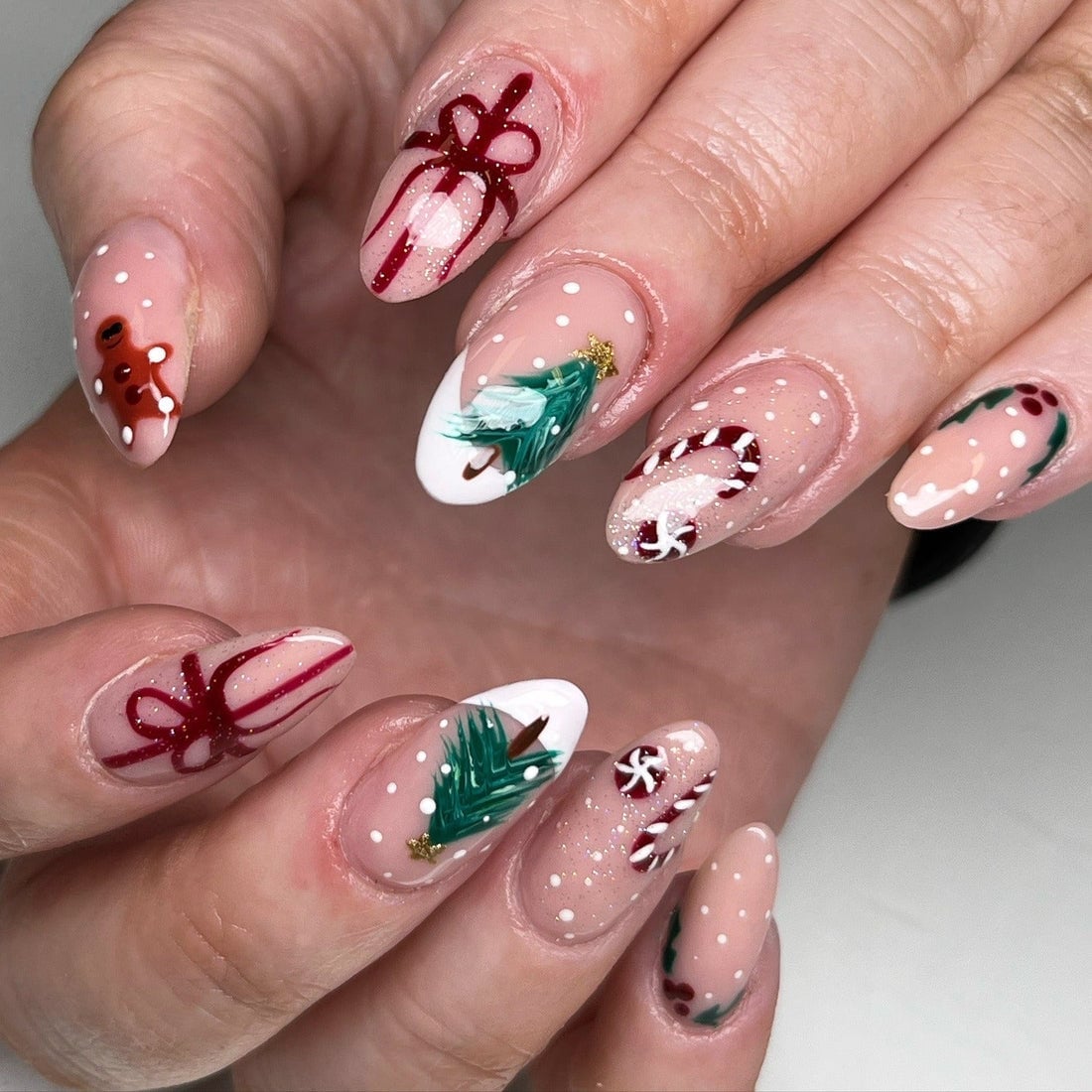 Detailed Christmas Motifs Long Almond Nails Detailed Christmas Motifs Long Almond Nails — Christmas Dip Nails