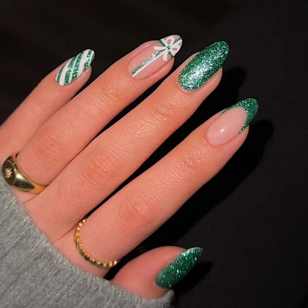 Green Glitter French Tip Long Stiletto Nails Green Glitter French Tip Long Stiletto Nails — Christmas Dip Nails