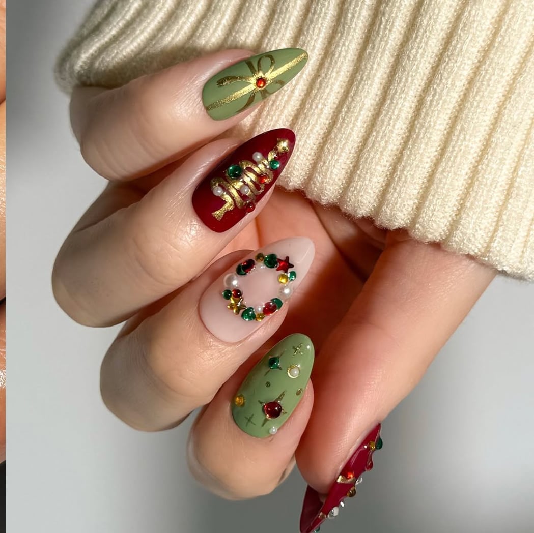 Festive Mix Medium Almond Christmas Nails Festive Mix Medium Almond Christmas Nails — Christmas Dip Nails