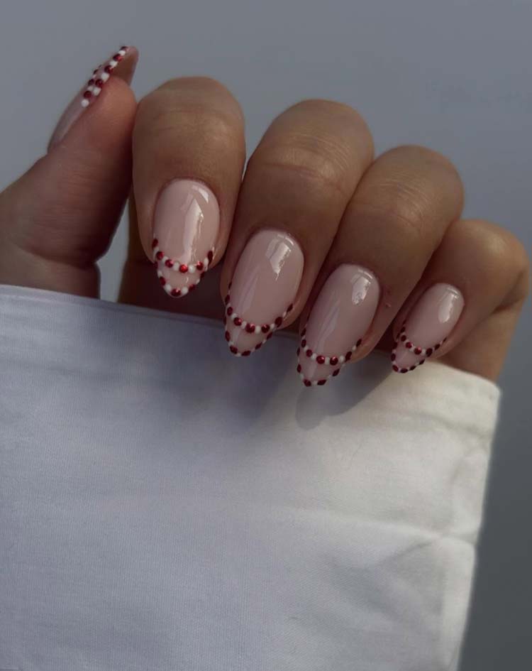 Nude Dot Border Medium Almond Nails Nude Dot Border Medium Almond Nails — Christmas Dip Nails