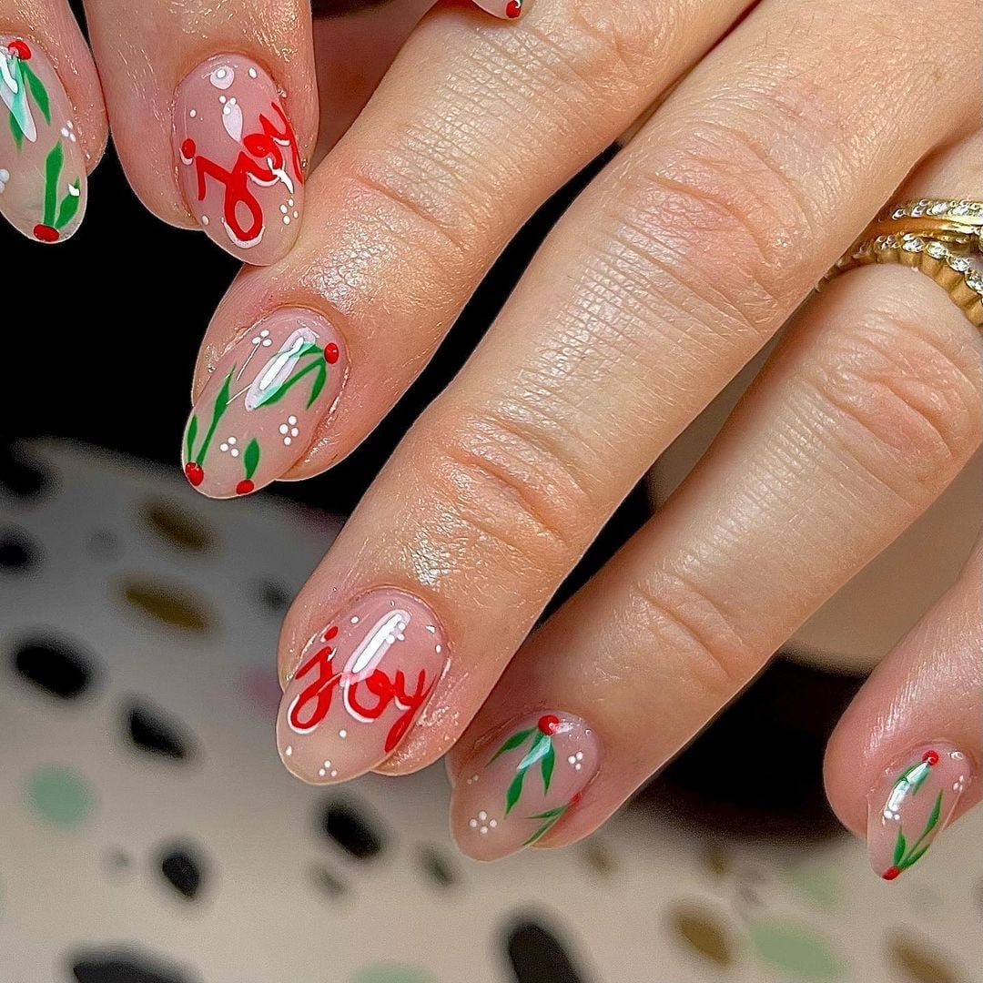 Red Joy Text Holly Berry Short Oval Nails Red Joy Text Holly Berry Short Oval Nails — Christmas Dip Nails
