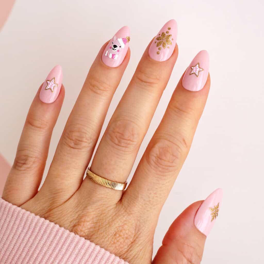 Pale Pink Bear Snowflake Star Short Almond Nails Pale Pink Bear Snowflake Star Short Almond Nails — Christmas Dip Nails