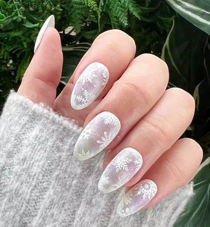 Matte Iridescent Snowflake Long Almond Nails Matte Iridescent Snowflake Long Almond Nails — Christmas Dip Nails