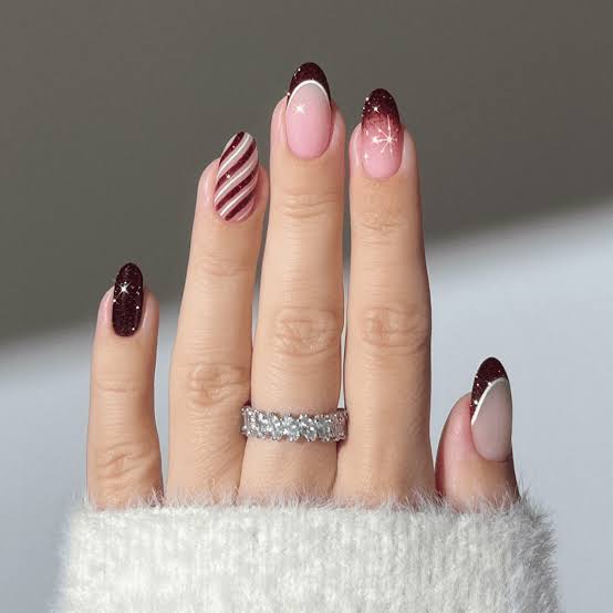 Burgundy French Gradient Glitter Almond Nails Burgundy French Gradient Glitter Almond Nails — Christmas Dip Nails