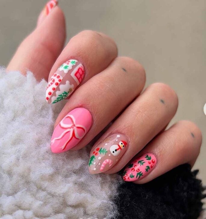 Whimsical Christmas Characters Medium Almond Nails Whimsical Christmas Characters Medium Almond Nails — Christmas Dip Nails