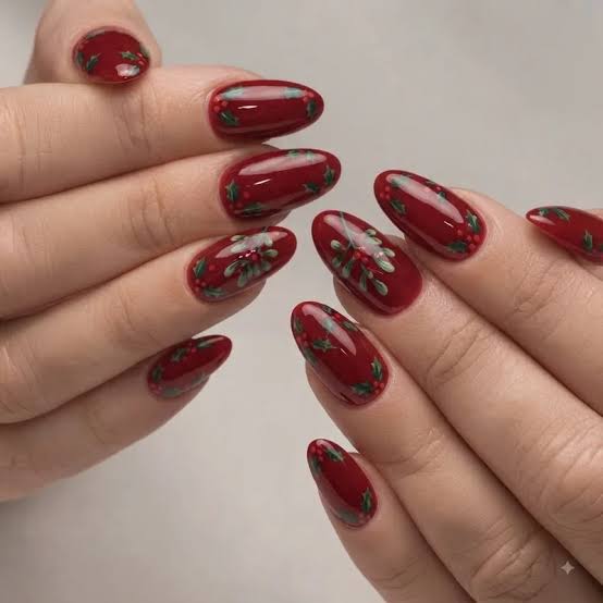 Holly Berry Motif Medium Almond Nails Holly Berry Motif Medium Almond Nails — Christmas Dip Nails