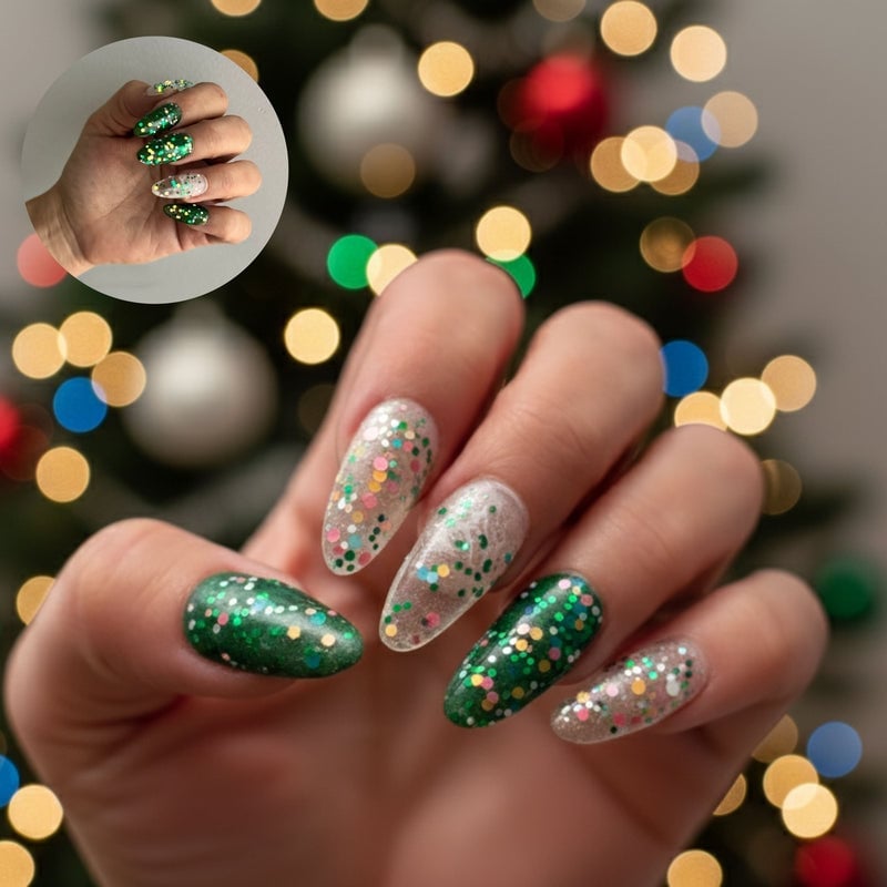 Deep Green Glitter Mix Almond Nails Deep Green Glitter Mix Almond Nails — Christmas Dip Nails