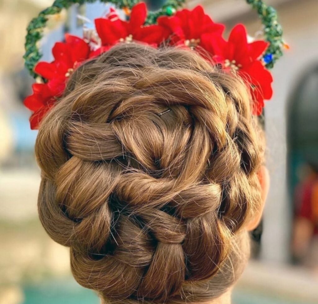 Brown Braided Updo With Poinsettias — Christmas Hair Styles