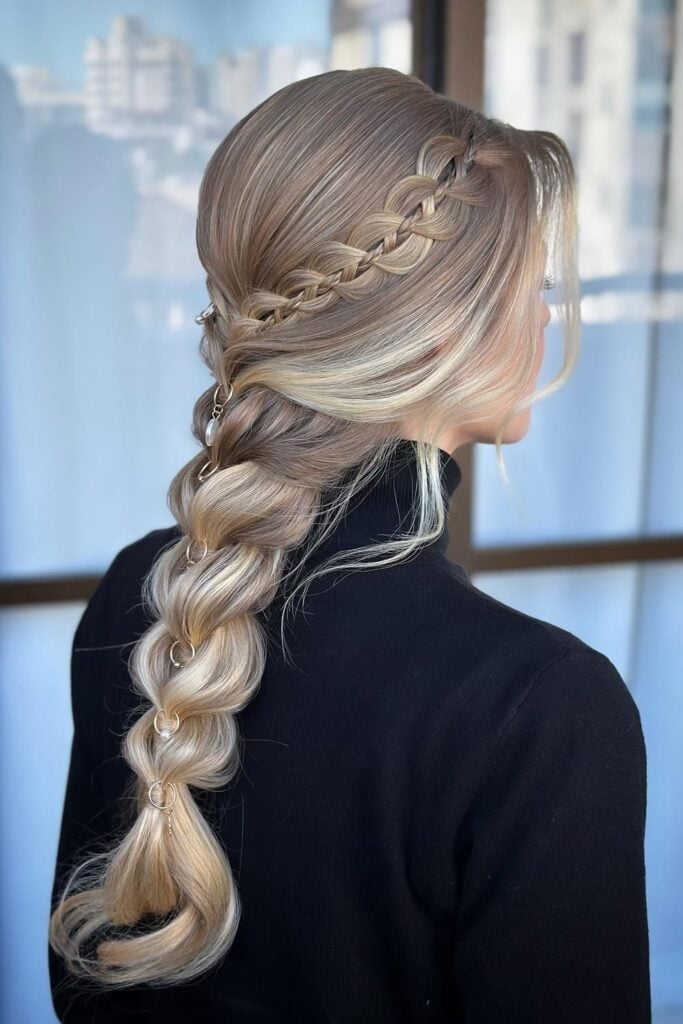Blonde Braid With Gold Rings And Pearls — Christmas Hair Styles