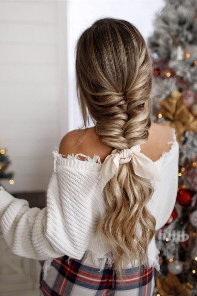 Ash Blonde Fishtail Braid With Cream Bow — Christmas Hair Styles