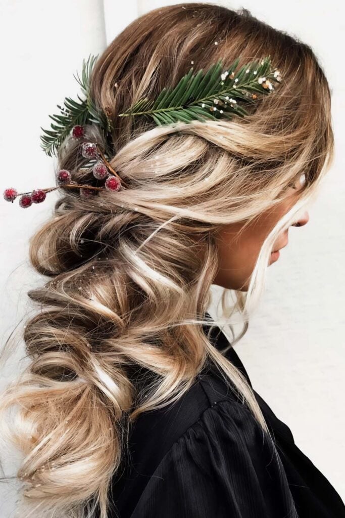 Long Blonde Waves With Greenery Braid Accent — Christmas Hair Styles