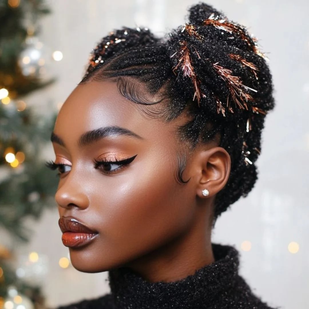 Black Coily Space Buns With Tinsel — Christmas Party Hairstyles
