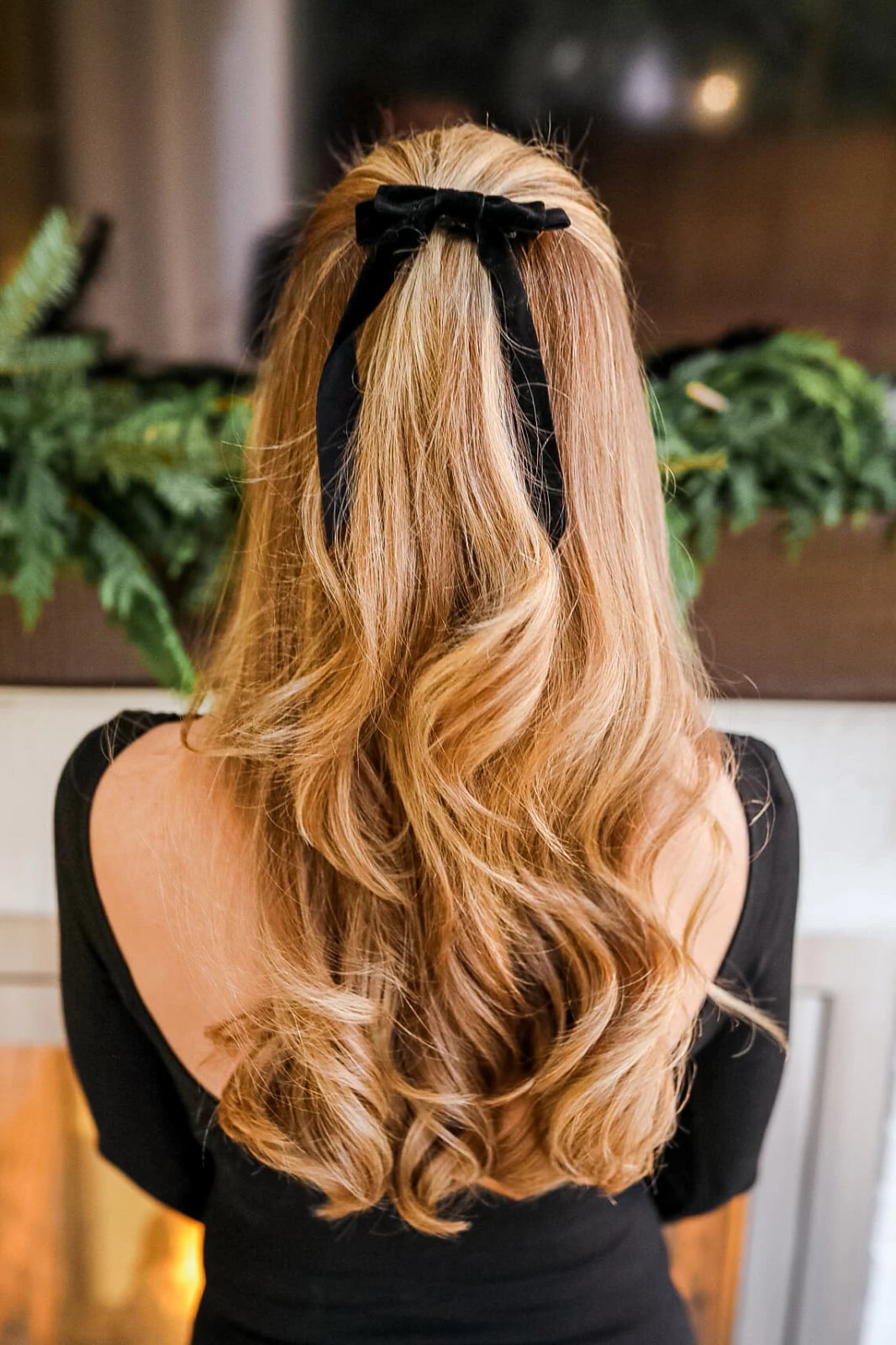 Blonde Half Up Half Down With Black Bow, Mid-Back — Christmas Party Hairstyles