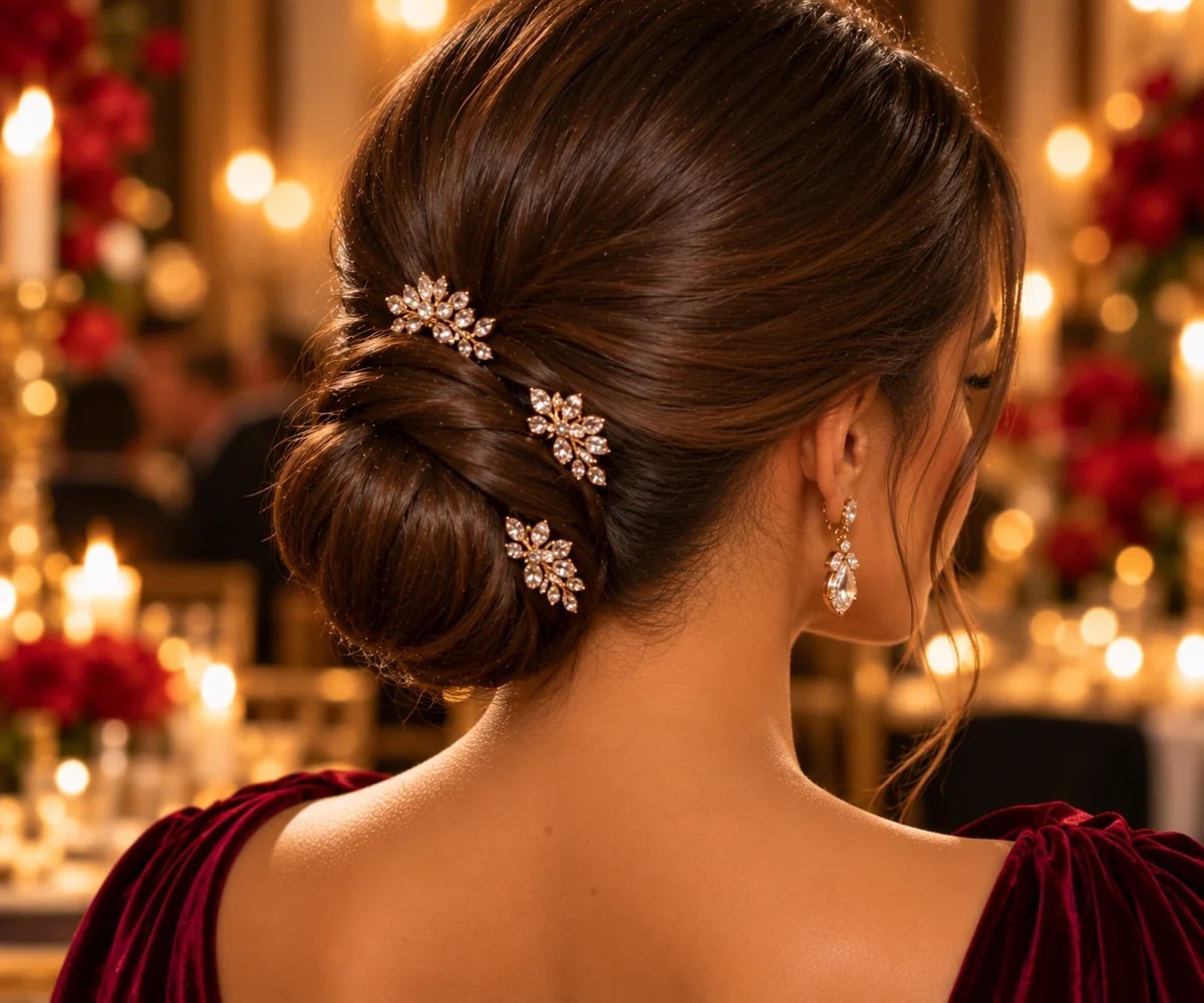 Sleek Dark Brown Low Bun With Jeweled Pins — Christmas Party Hairstyles