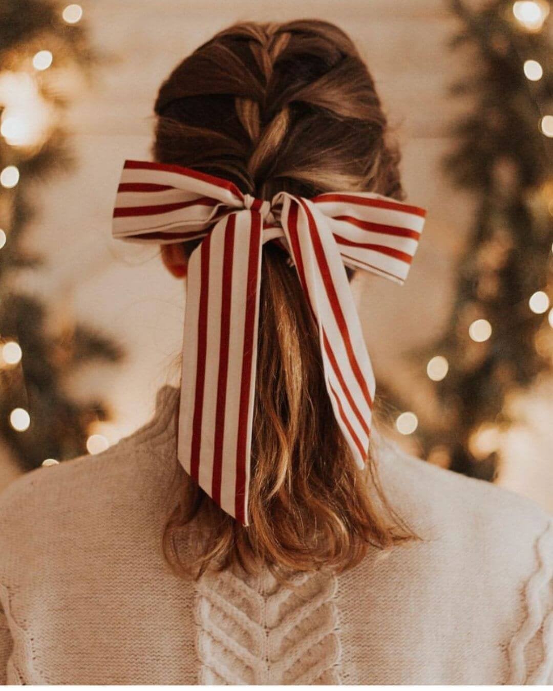 Thick Wavy Dark Brown Braid With Striped Bow — Christmas Party Hairstyles