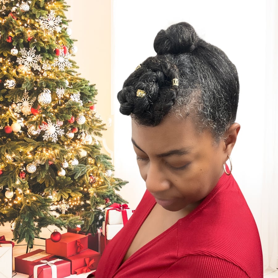 Short Dark Coily Braided Updo With Pearls — Christmas Party Hairstyles