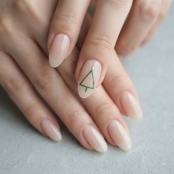 Medium Almond Sheer Nude With Fine Green Tree Line — Christmas Tree Nail Art