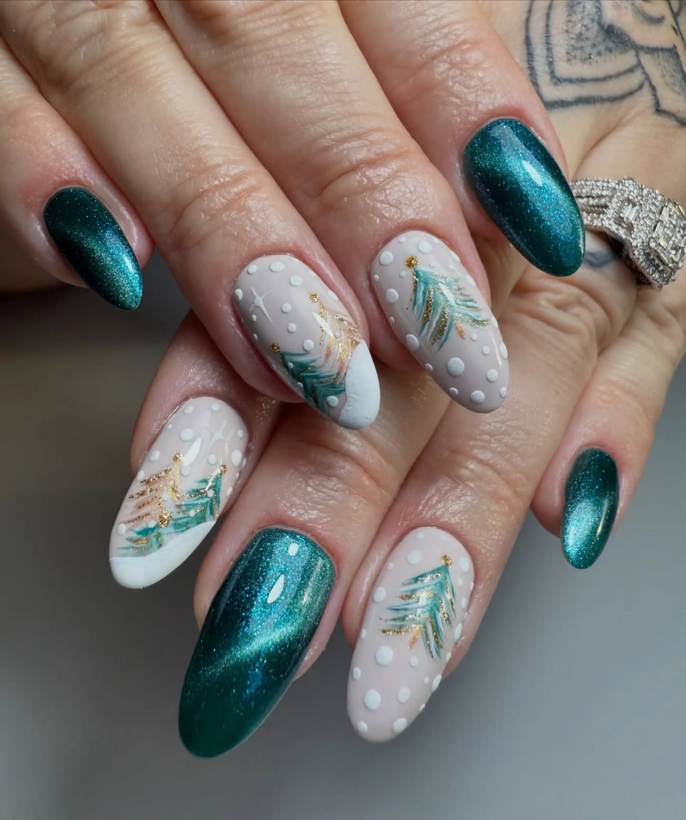 Medium Almond Emerald Cat-Eye With Green Trees — Christmas Tree Nail Art
