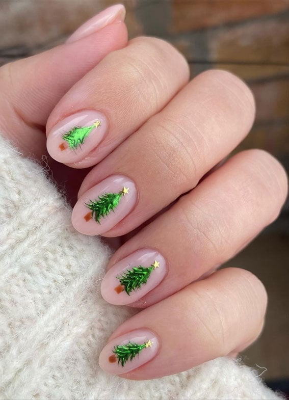 Medium Oval Sheer Pink With Mini Green Trees — Christmas Tree Nail Art