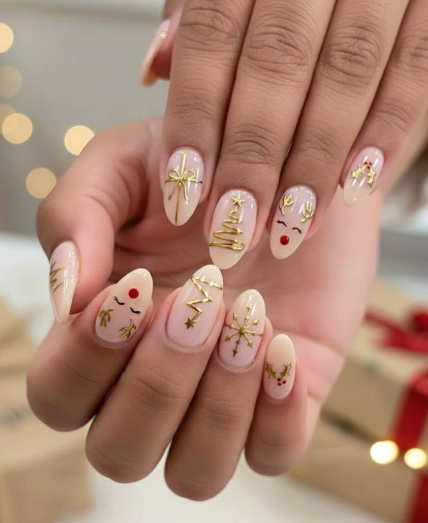 Short Almond Sheer Nude With Gold Foil Motifs, Glossy — Christmas Tree Nail Art