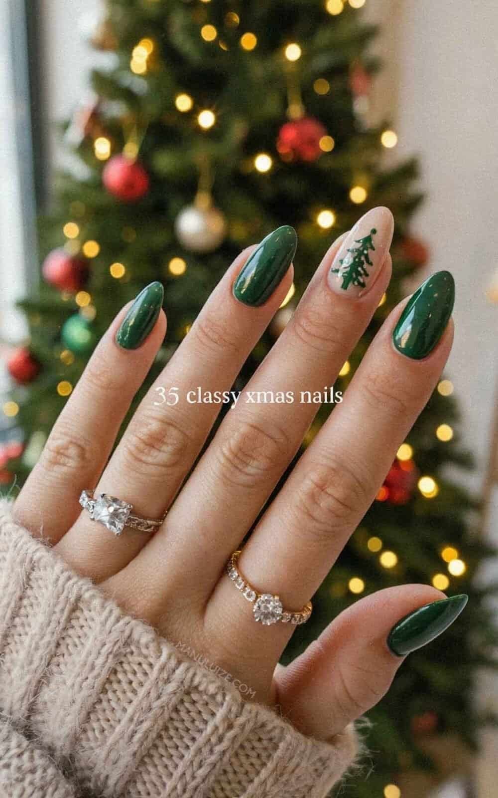 Long Almond Deep Green With Sparkle Tree — Christmas Tree Nail Art