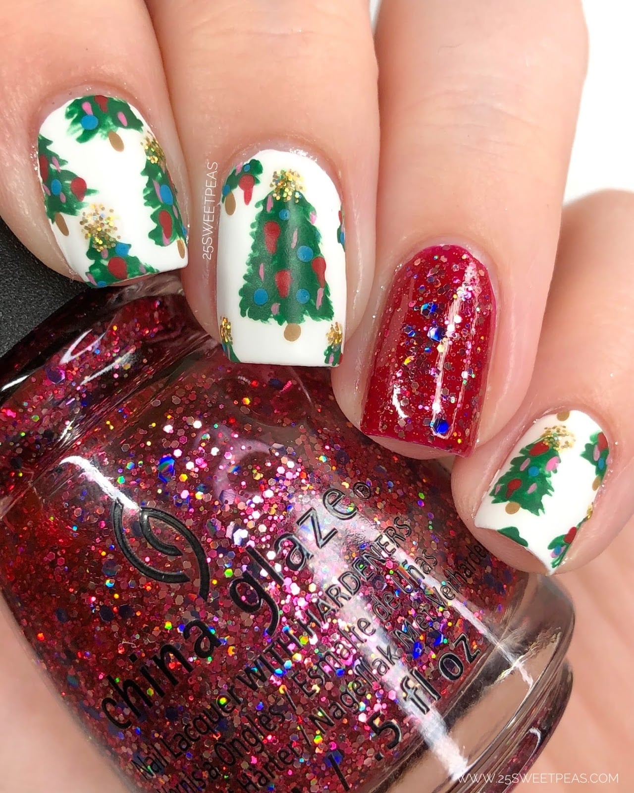 Short Square Matte White With Ornate Trees — Christmas Tree Nail Art
