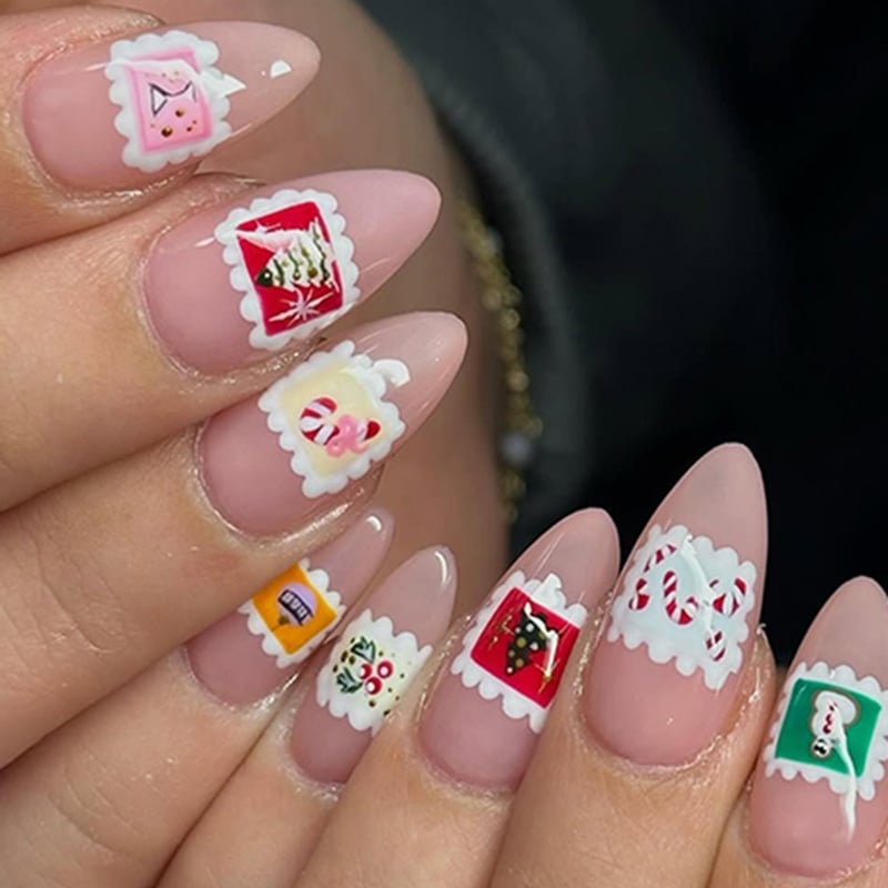 Medium Almond Nude With Christmas Stamp Stickers — Christmas Tree Nail Art