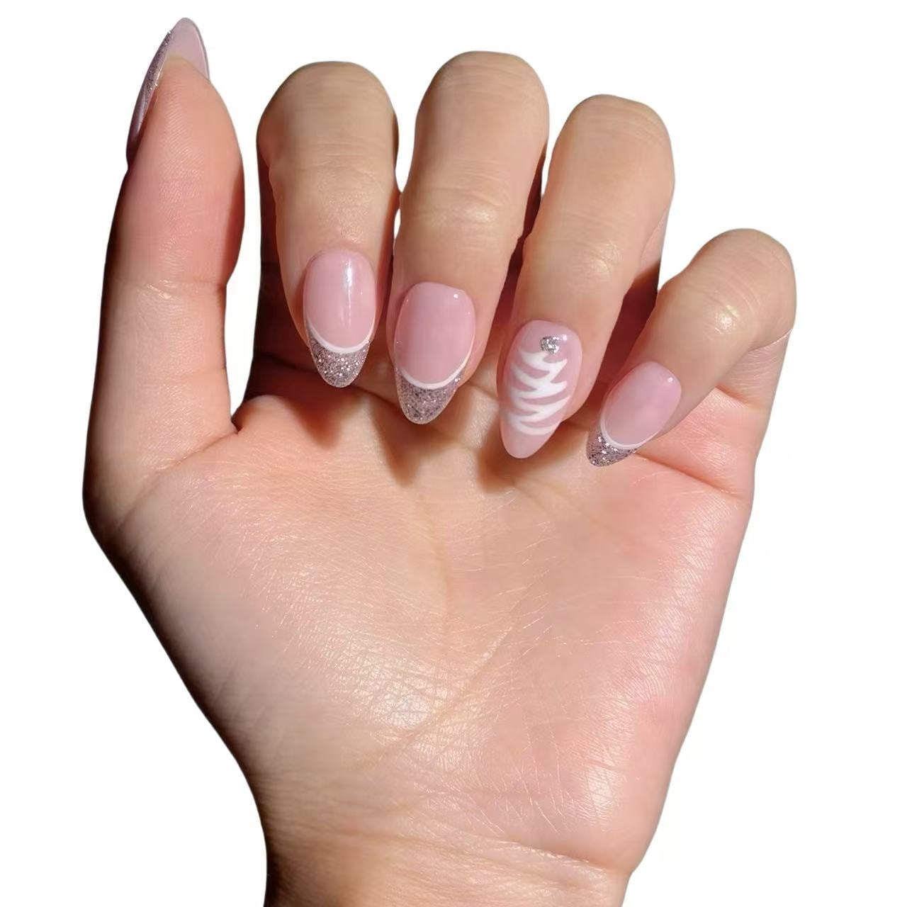 Short Almond Pale Pink With Silver Glitter Tips — Christmas Tree Nail Art