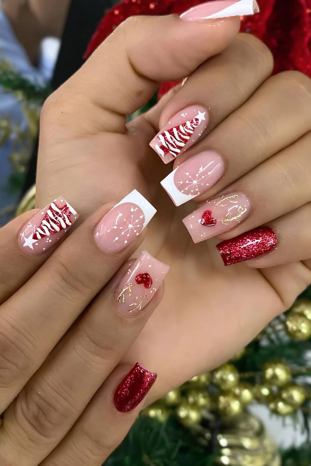 Pink White Glitter Red Christmas Trees — Christmas Tree Nail Art