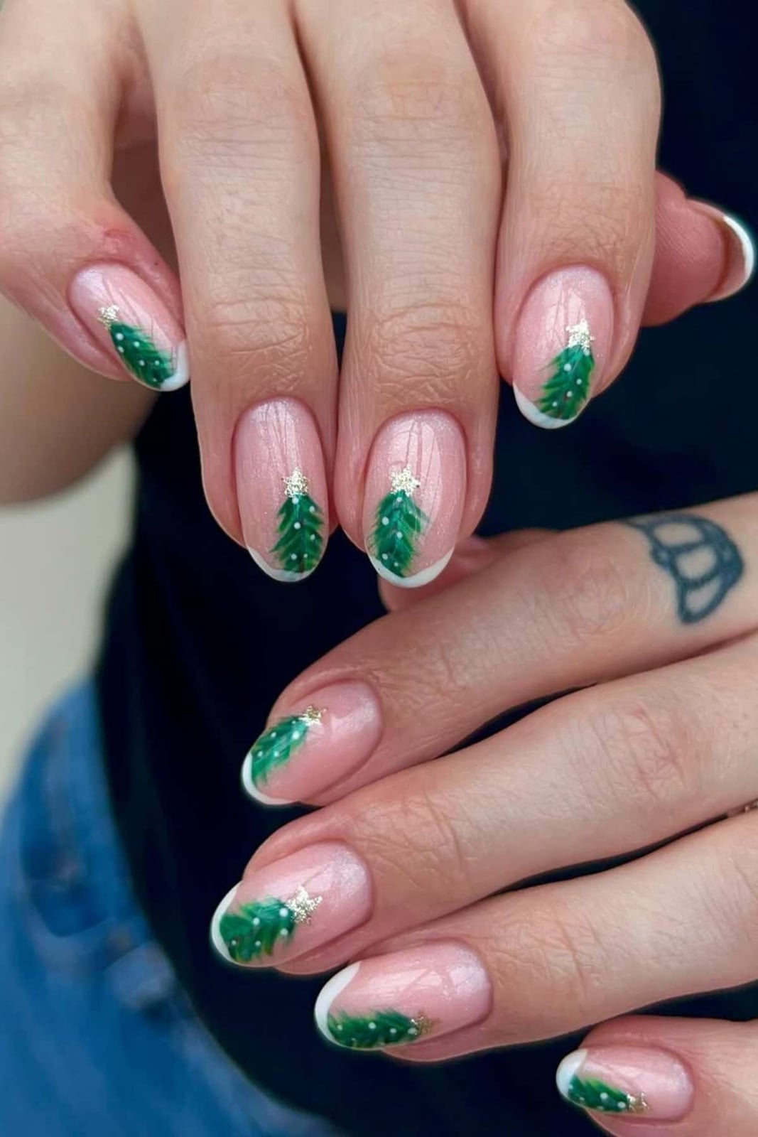 Short Almond Sheer Nude With Gold Glitter Trees — Christmas Tree Nail Art