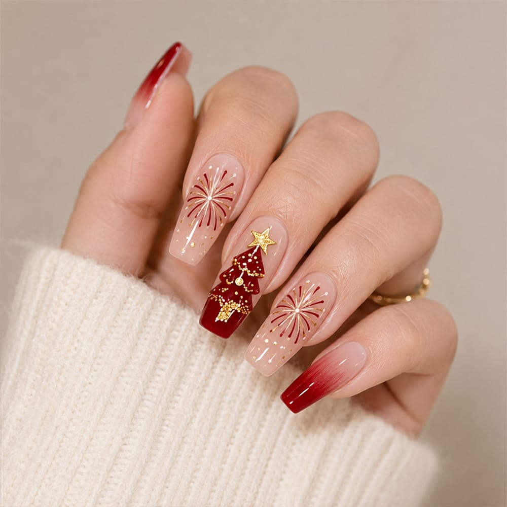 Christmas Press On Nails | Burgundy Coffin Holiday | Kentrim