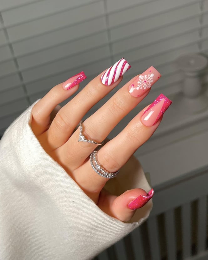 Pink Glitter Candy Cane Snowflake Coffin Nails, Close-Up Take — Coffin Christmas Nails