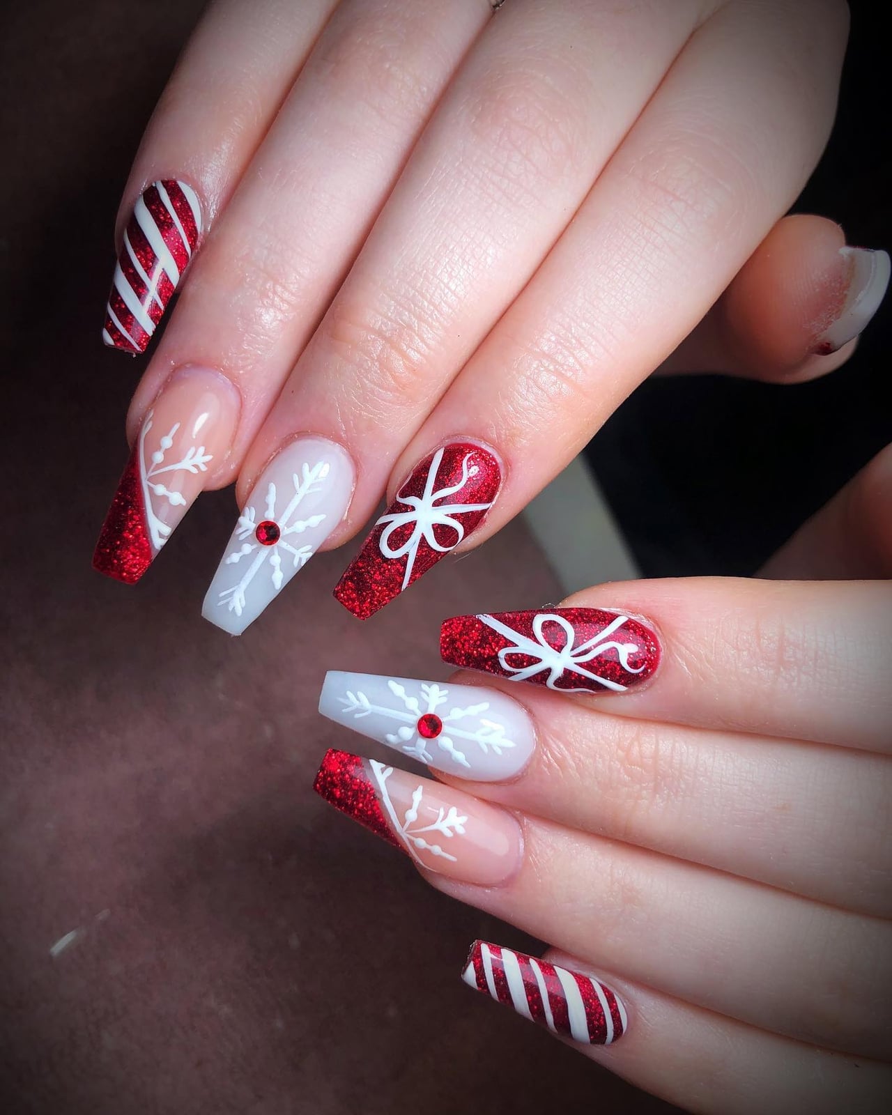 Glitter Red Snowflake Bow Coffin Nails — Coffin Christmas Nails