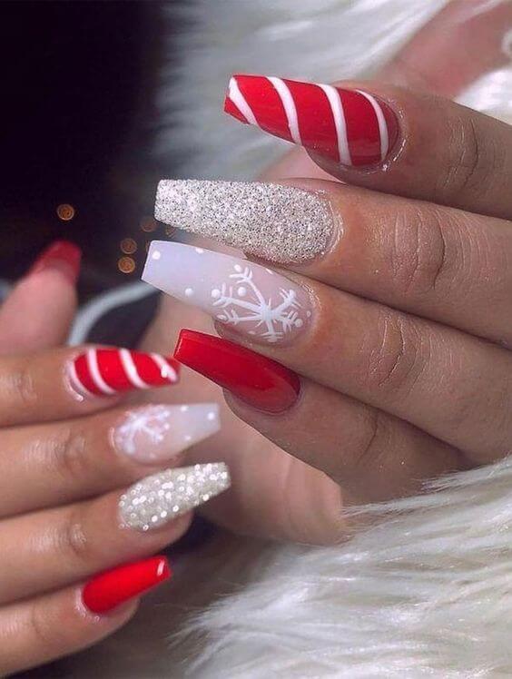 Silver Glitter and Candy Cane Coffin Nails, длинный гробик — Coffin Christmas Nails