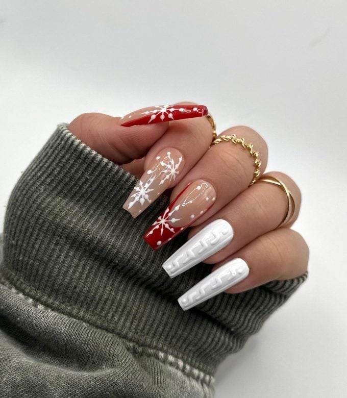 Cable Knit Snowflake Stripe Coffin Nails — Coffin Christmas Nails