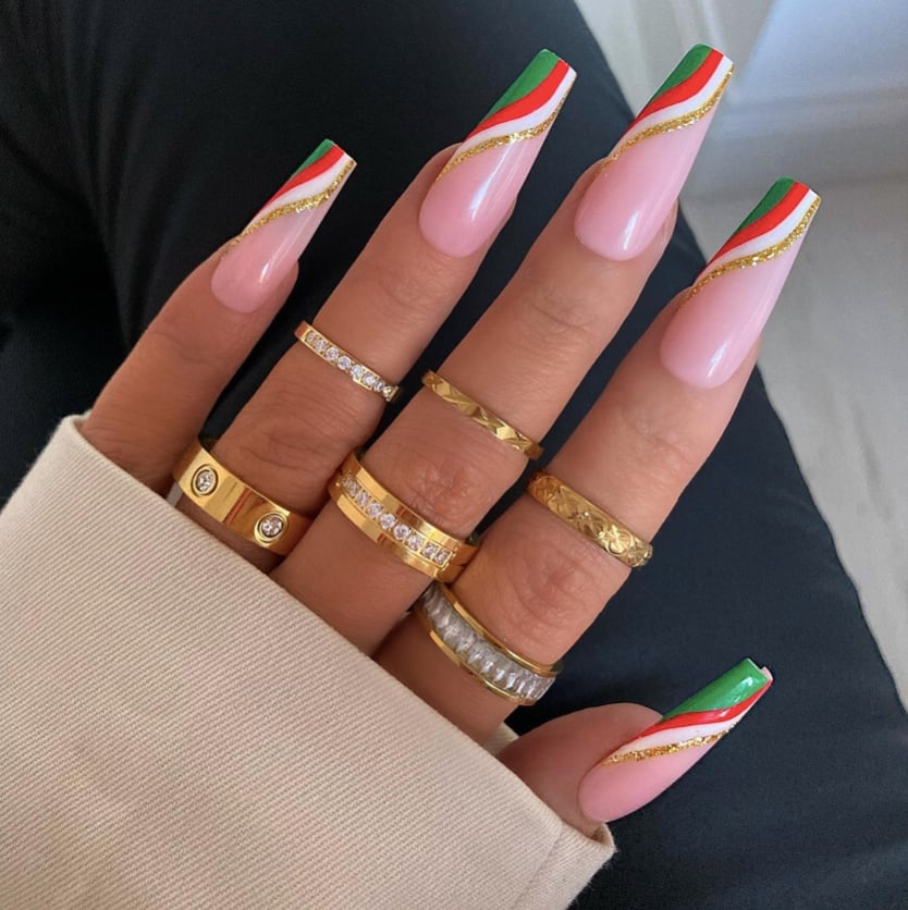 Sheer Pink French Tip with Red Green Gold Stripes — Coffin Christmas Nails