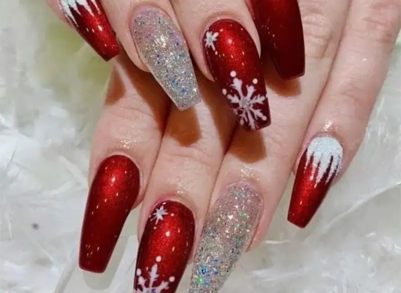 Deep Red and Silver Glitter Snowflake Coffin Nails — Coffin Christmas Nails