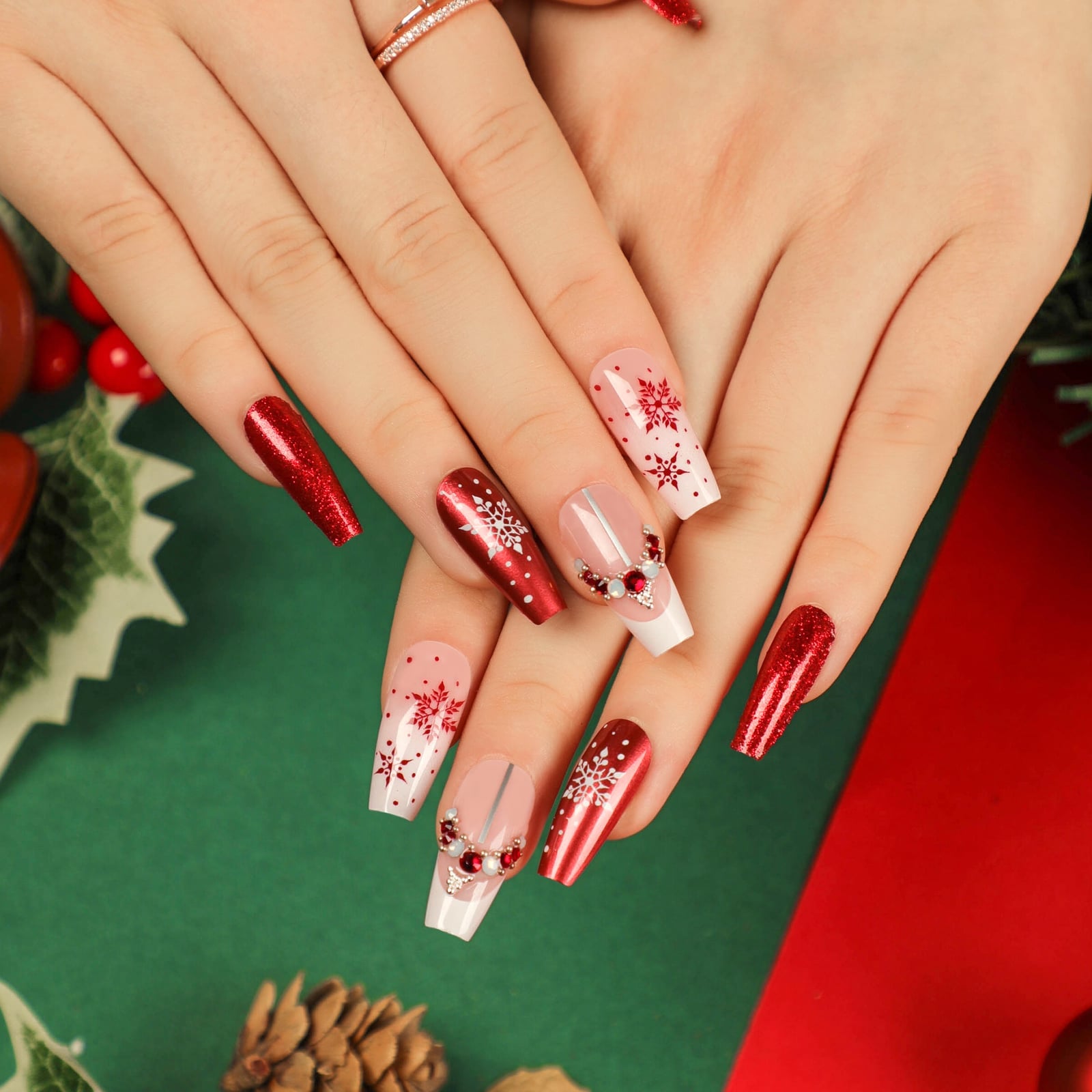 Metallic Red and Snowflake Coffin Nails — Coffin Christmas Nails