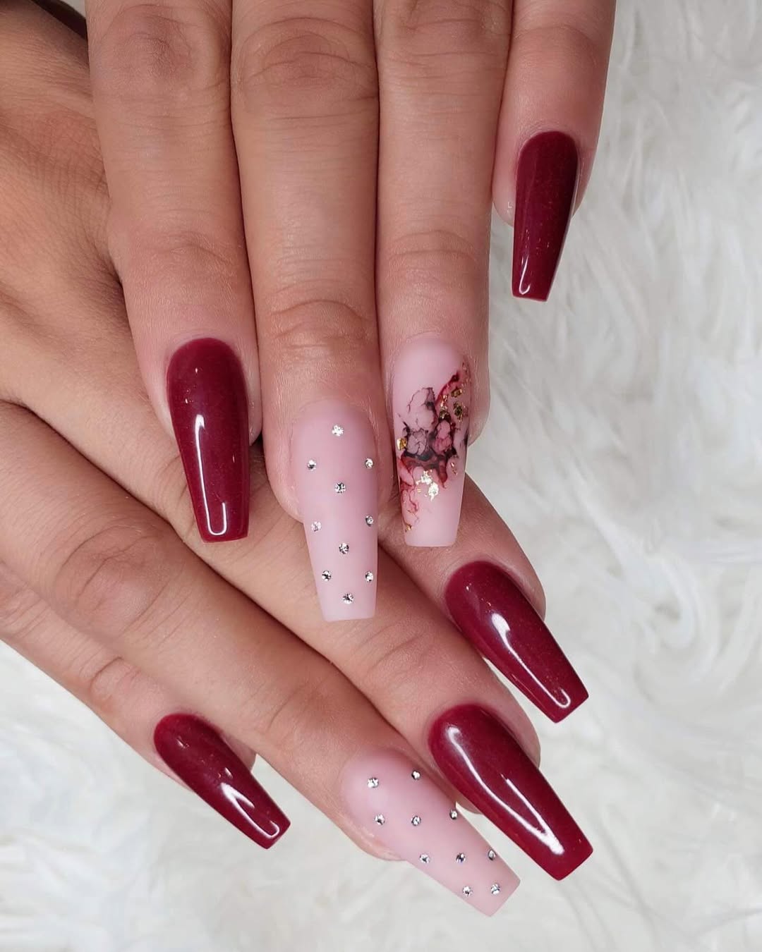 Burgundy and Floral Rhinestone Coffin Nails — Coffin Christmas Nails