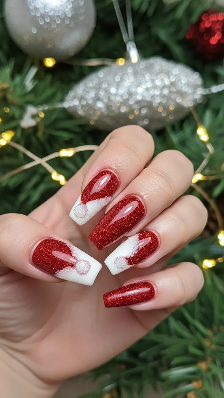 Glitter Red Santa Hat Coffin Nails — Coffin Christmas Nails