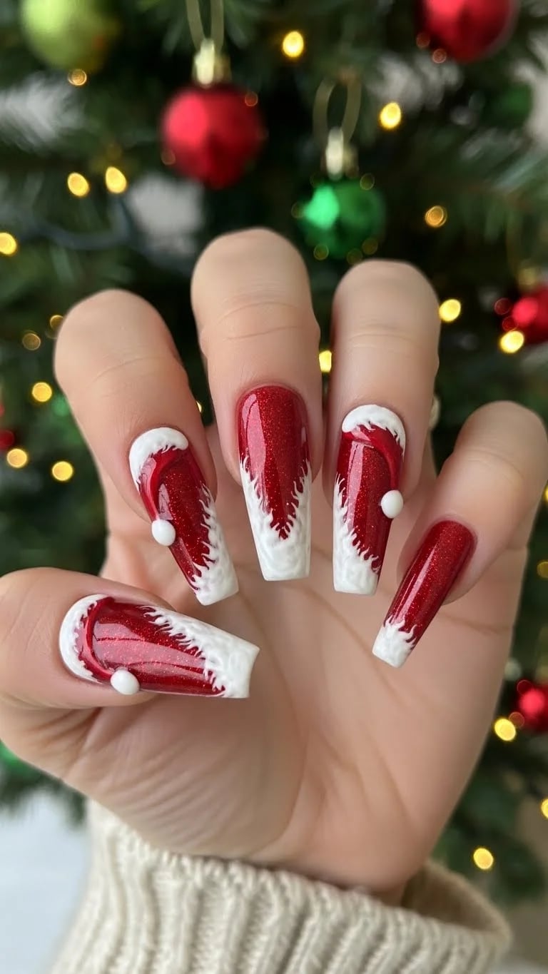 Glossy Red Santa Hat Coffin Nails, Close-Up Take — Coffin Christmas Nails